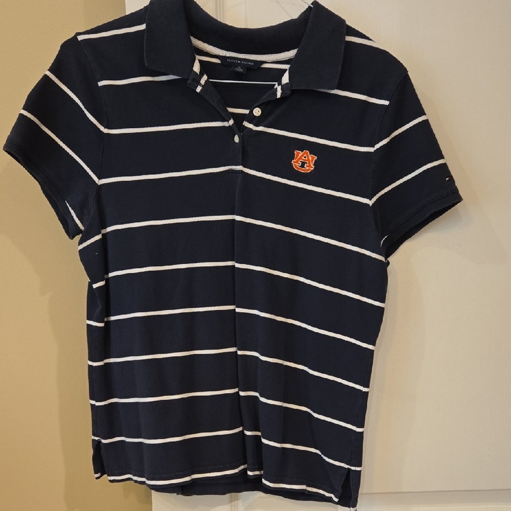 Tommy Hilfiger Navy and White Striped Auburn Polo